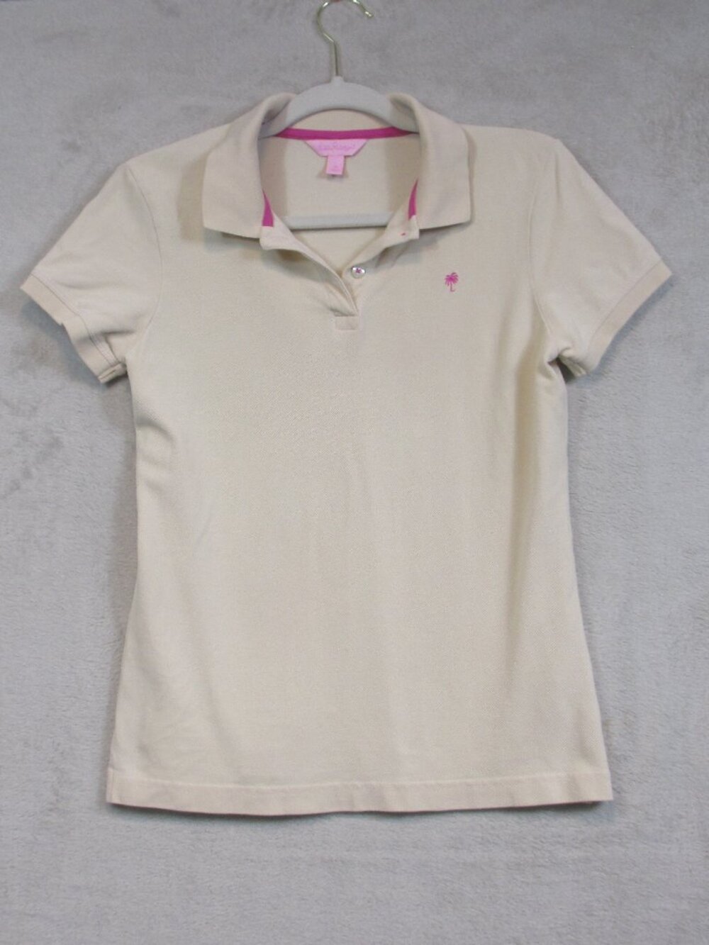 Lilly Pulitzer Women's Beige Polo Shirt Size M Preppy Palm Beach Resort Fit